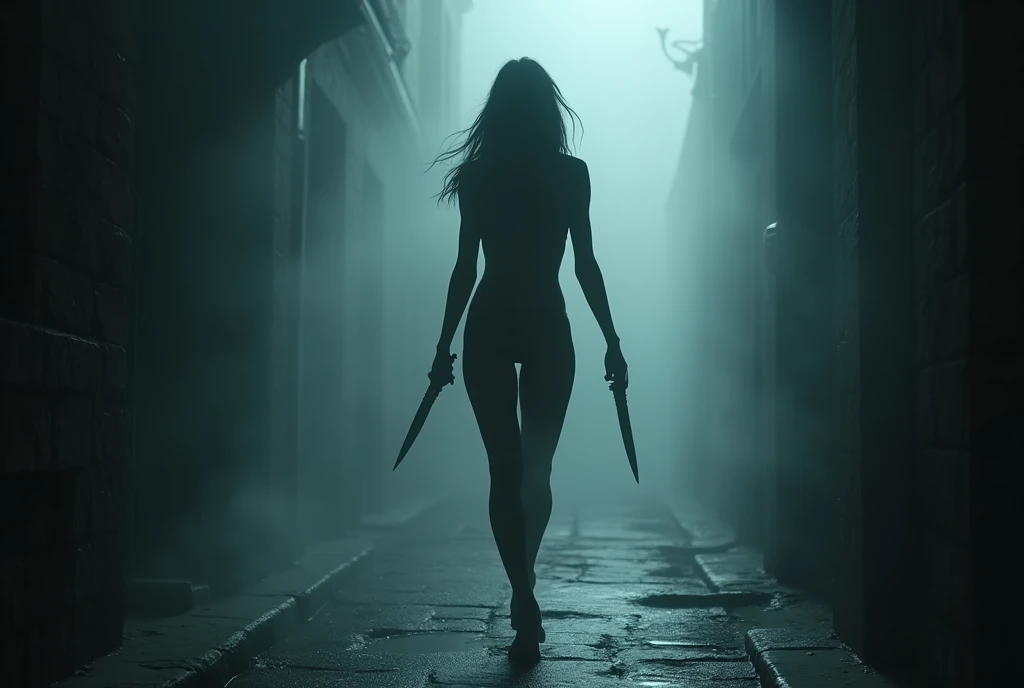 An assassin emerges from a dark alleyway, out of the fog, a mercenary, an assassin, holding a knife in each hand, ((masterpiece, Highest quality, Best image quality, High resolution, Realistic, RAW Photos, 8k, Highly detailed CG synthesis 8k wallpaper)), (Huge and stunning goddess shot, Very hot and sexy, Incredible beauty, Perfect Proportions, Beautiful body, Slim body beauty:1.4), view from above, Backlight, 