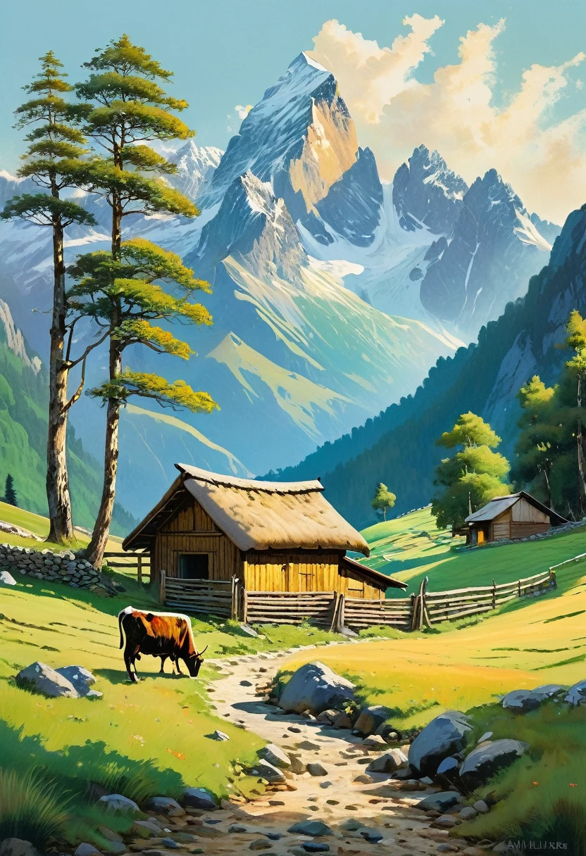 (best quality, masterpiece, illustration), ink painting, pond in painting, stone, a buffalo, an old man ploughing the land, children playing, color nature, color harmony, highest texture, drop,