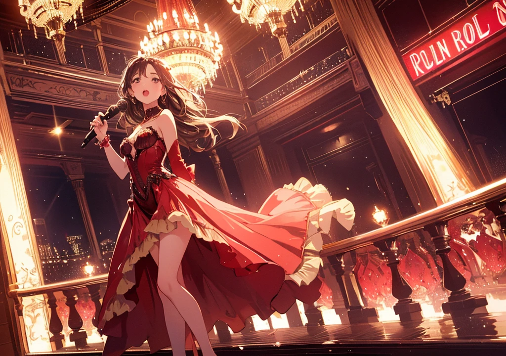 multiple exposure, fantasic illustration, masterpiece:1.2, highest quality, highres, 16k, beautiful detailed, ultra-realistic, photo realistic:1.37, beautiful and cute girl, dancing flamenco, holding a single rose in her mouth, growing glay eyes, shining pupils, blushed cheek, shiny rosy lips, beautiful delicate(hair, face, eyes, pupils, flamenco dress), full-body view