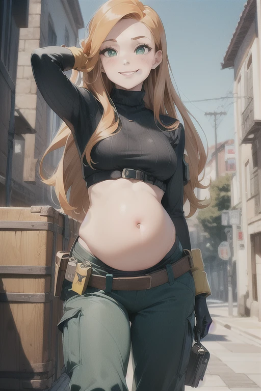 1 pregnant girl (kim possible, long hair, green eyes, black turtleneck, navel, gloves, utility belt, cargo pants:1.3), smirk, outdoors, adjusting hair, third trimester of pregnancy, Masterpiece, best quality, detailed background, intricate details, detailed 