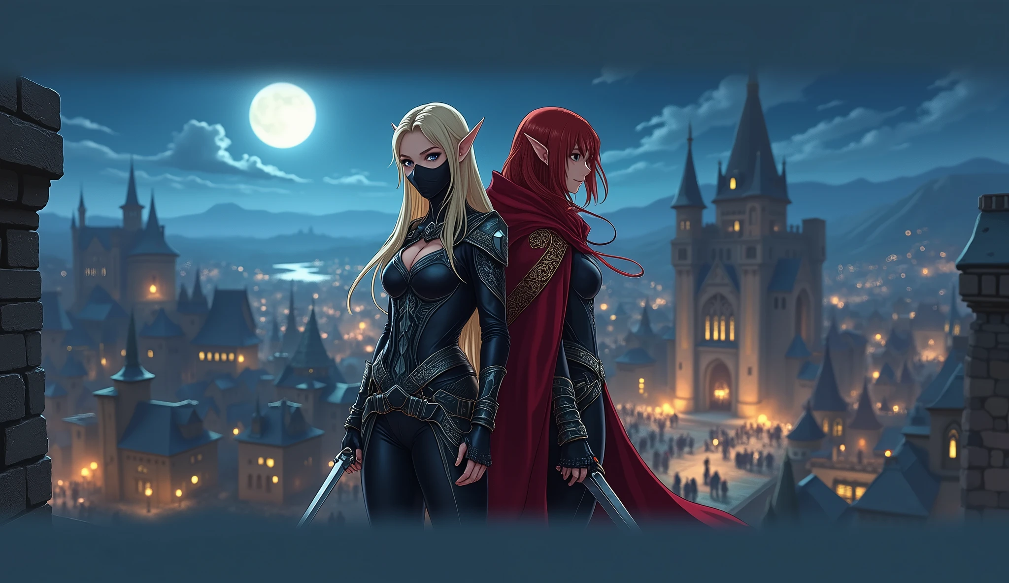 Create an award-winning digital anime masterpiece featuring two masked elven assassins standing back to back on the roof of a tall tower, overlooking a sprawling fortress town below. The blonde assassin, with her striking blue eyes, wears a sleek, dark leather outfit with silver accents that catch the moonlight, while the fiery redhead is dressed in a flowing crimson cloak adorned with intricate gold patterns. Both outfits are designed with exotic, intricate details that highlight their agility and elegance.

Their expressive eyes, partially hidden behind ornate masks, convey a blend of determination and calm focus as they prepare for whatever may come. Below them, the fortress town is rendered in a richly textured anime style, with massive stone walls, winding streets, and glowing lanterns that cast a warm, ambient light across the scene. The town’s architecture is a blend of medieval and fantasy elements, with towering spires, sturdy battlements, and bustling courtyards.

The night sky above is clear, with a full moon illuminating the entire scene, casting dramatic shadows and enhancing the contrast between the dark tones of their attire and the vibrant colors of the town below. The wind gently tousles their hair and clothing, adding a sense of movement and tension to the scene.

The composition captures the epic scale of the setting, with the two assassins standing ready on the precarious roof of the tower, their finely crafted weapons—gleaming blades and intricately designed daggers—at their sides. The anime art style brings the scene to life with bold, vivid colors, dramatic lighting, and meticulous attention to detail, creating a visually stunning and captivating moment of calm before the storm.