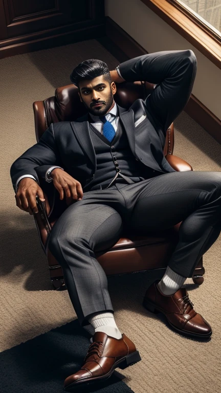 From above view, arafed indian man with his perfect big monster penis is coming out from pant in a suit and textured socks sitting on a chair, black socks, dapper, detailed shot spread legs-up, professional foot photography, grey pants and black dress pointed buckle shoes, stunning visual, profile image, solids, in style of ultra realistic, close-up on spread legs, detailed style, functional and elegant look, in style of realistic, crisp details