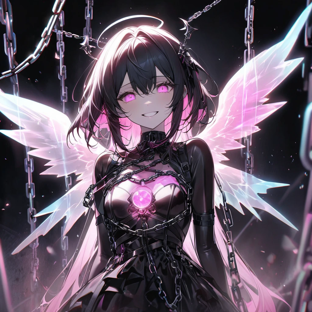 Gothic Angel, Trapped in metal chains, Black and pink are the trademark colors, Second-rate, transparent, Holographic, Glowing wings grow on your back, Captivating the chest, Whisper to the audience, Big smile, Captivate you, strong, Fleeting, Lonely Eyes, Dynamic Shot, The aesthetics of heartbreaking sadness...