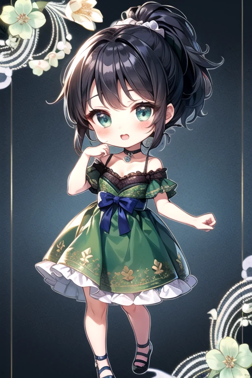 (Highest quality)、(Highest quality)、cute、(choker).eyes are emerald、(ponytail)、(Black Hair)、(cuteドレス).(Navy blue lace dress).((Chibi Character)).