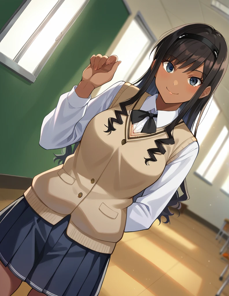 score_9, score_8_up, score_7_up, source_anime,
harukamorishima, haruka morishima, long hair, black hair, hairband, black hairband, smile,
kibito high school uniform, school uniform, sweater vest,
indoors, classroom, hallway,
looking at viewer, dutch angle, cowboy shot, (((( dark skin ))))