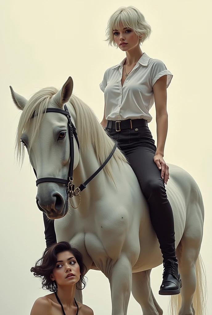 kim kardashian on her knees looking at a horse's giant phallus, giant lips, shocked face