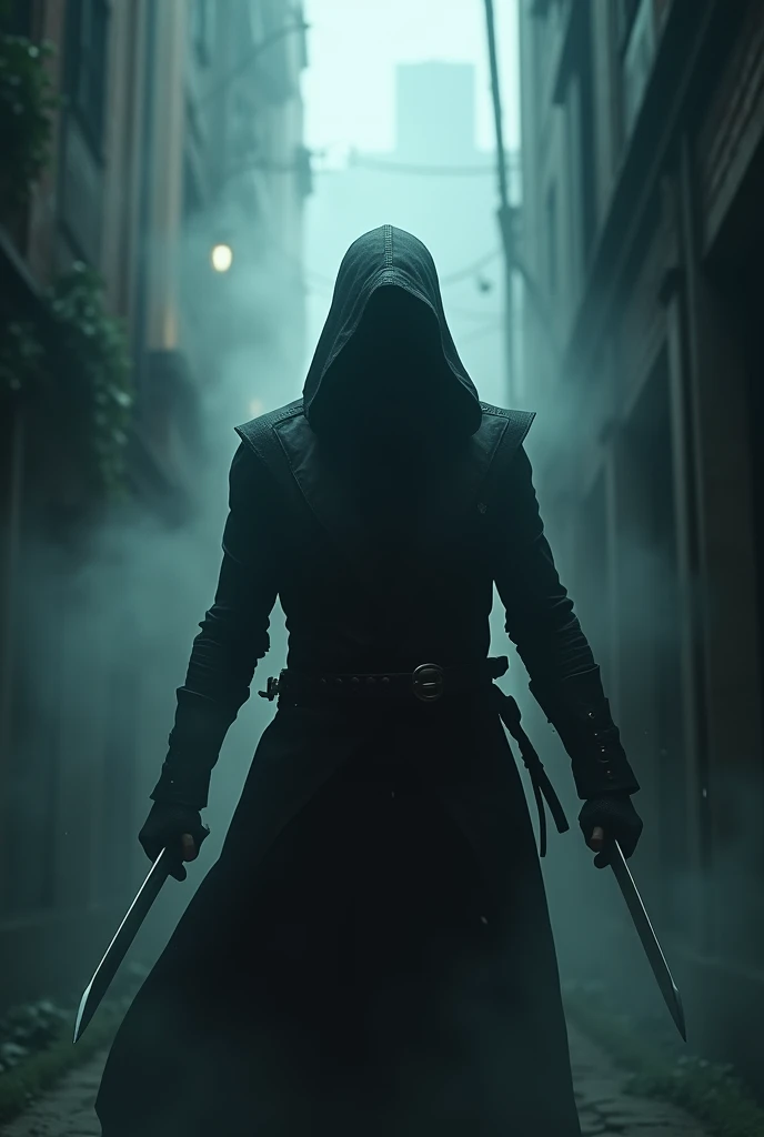 An assassin emerges from a dark alleyway, out of the fog, a mercenary, an assassin, holding a knife in each hand,  a poster for an action movie, ((masterpiece, Highest quality, Best image quality, High resolution, Realistic, RAW Photos, 8k, Highly detailed CG synthesis 8k wallpaper)), (Huge and stunning goddess shot, Very hot and sexy, Incredible beauty, Perfect Proportions, Beautiful body, Slim body beauty:1.4), view from above, Backlight,“The Assassin” written in large letters in the center of the screen,  