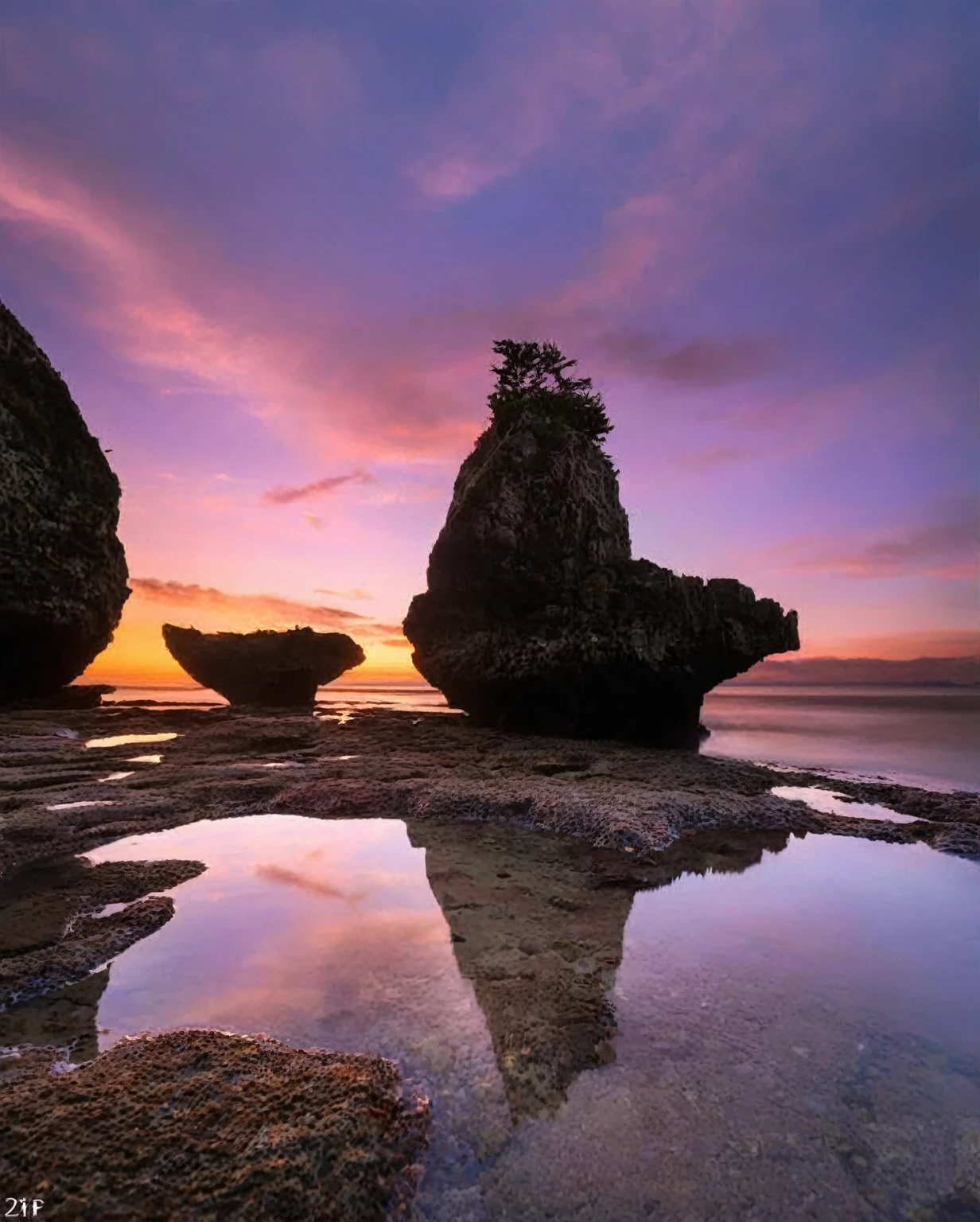 sunset reflection, Rocky Shorelines, Tidal pool, Still water, Pink and purple sky, Gentle waves, Coastal scenery, Clear skies, Natural Lighting, Soft sunset, atmospheric landscape, Peaceful and tranquil, Wide-angle viewing angle, Deep Depth of Field, Balance exposure, Crisp rock details and smooth water surface.