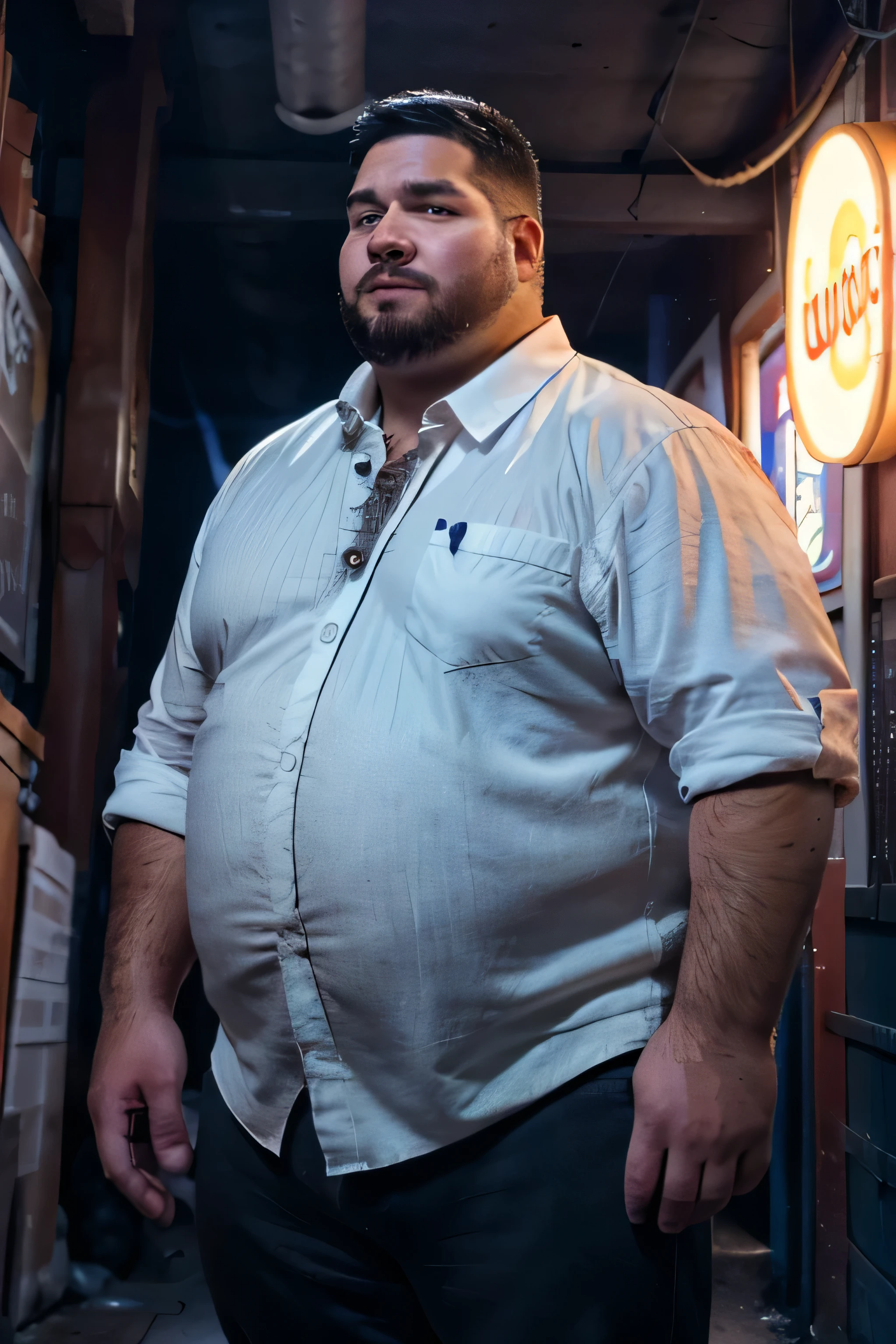 (8k. hyper-realistic. high definition) handsome chubby guy. Caucasian, scruffy face. fat, wearing an unbuttoned dark brown jacket over an orange collared shirt underneath, big tummy, buffed, muscles, chubby face, hairy arms, thick eyebrows, medium-length hair, dramatic lighting, looking intensely at the camera. arm hair, beard, black hair, blurry, blurry background, closed mouth, collared shirt, facial hair, fat, fat man, looking at viewer, male focus, pocket, realistic, shirt, short hair, sleeves rolled up, solo, upper body, chubby face, plump face, outdoors, dark alley alley, evening. heavy rainfall.