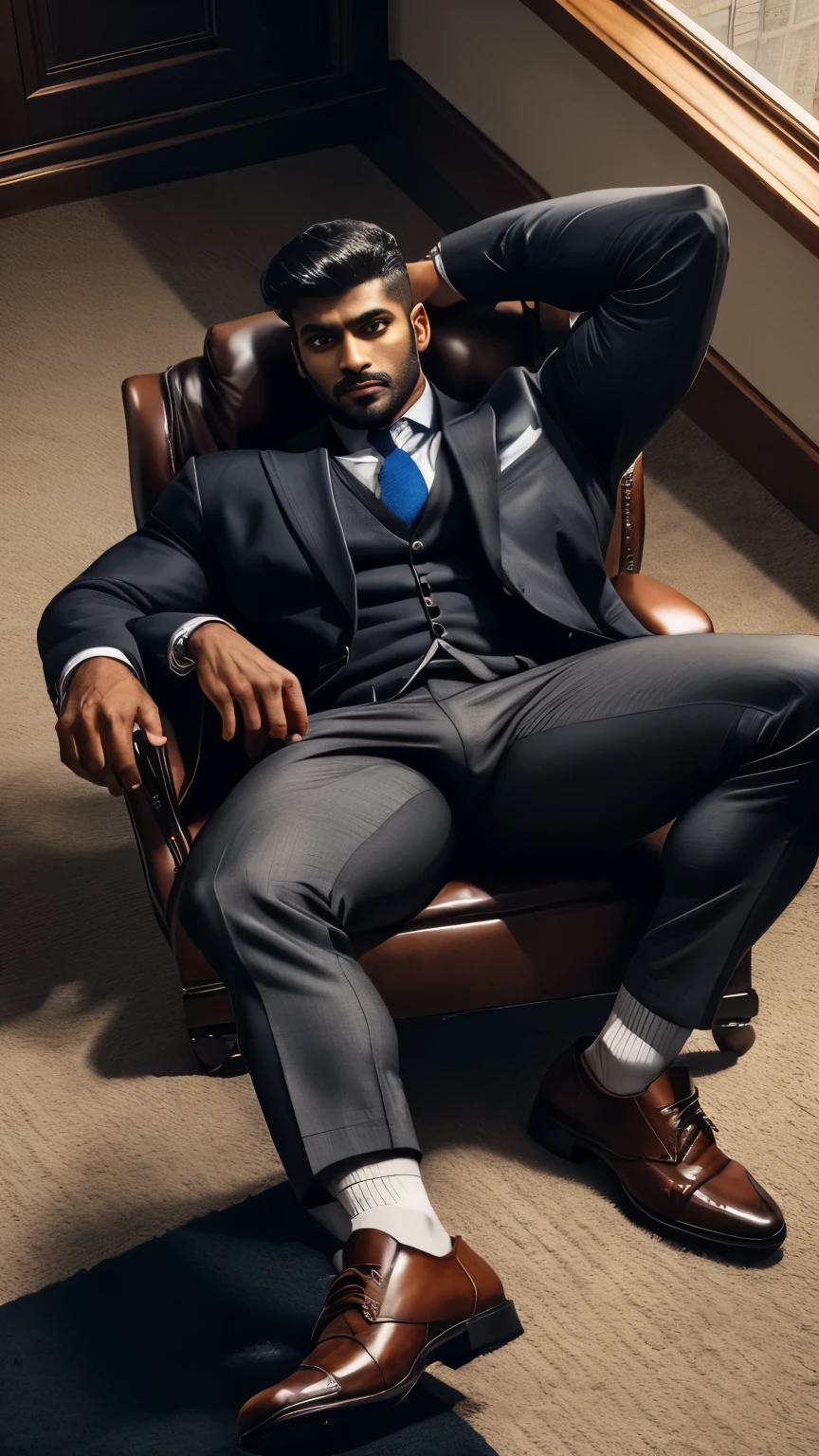 From above view, arafed indian man with his perfect big monster penis is coming out from pant in a suit and textured socks sitting on a chair, black socks, dapper, detailed shot spread legs-up, professional foot photography, grey pants and black dress pointed buckle shoes, stunning visual, profile image, solids, in style of ultra realistic, close-up on spread legs, detailed style, functional and elegant look, in style of realistic, crisp details