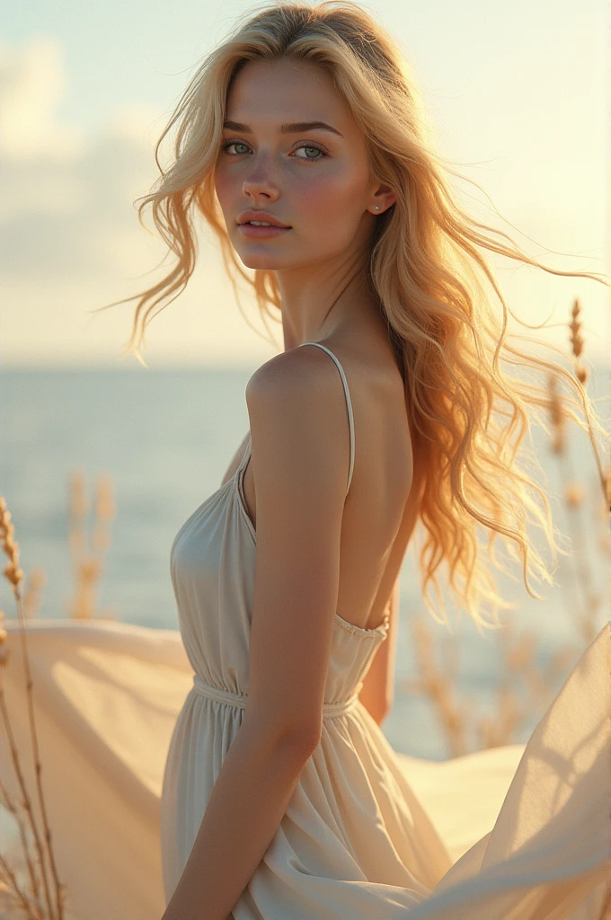 Create realistic 13-years-old girl photos with blonde hair (Length to the shoulders), Cute face, Whole body, Slender body, shapely legs, Thin ankles, thin-waist, Green eyes and big breasts, She is completely naked, She is on the beach.