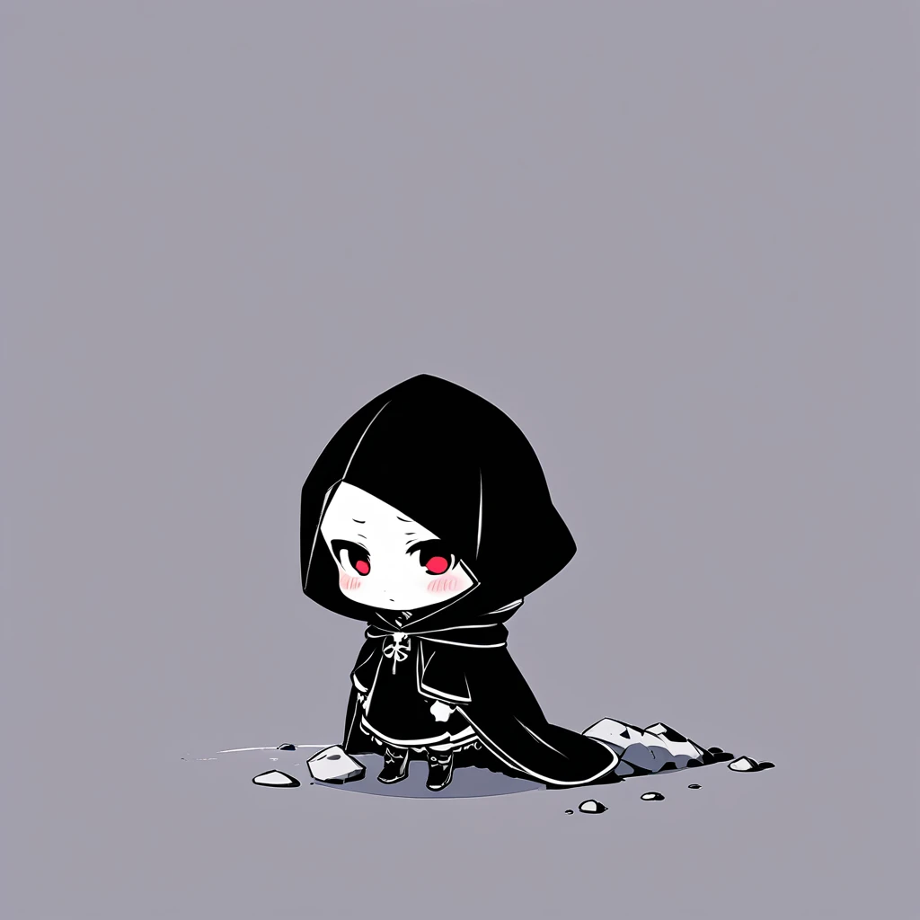 ultra-small deformation, Chibi Cute, 1girl, solo, full body, A lonely Assassin costume, trip over a stone and fall. blush, Embarrassed, High contrast and vivid color, simple background