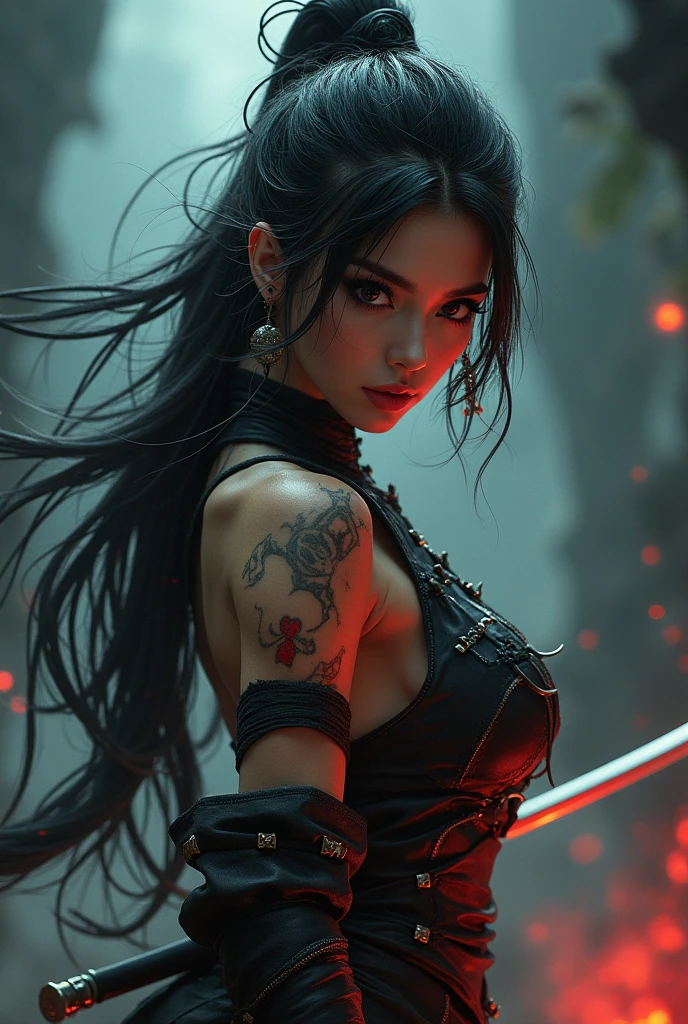 an asian samurai with long black hair tied in a bun, with medium breasts, with tattoos shining, wearing a kimono, and wielding a katana that emits electricity
