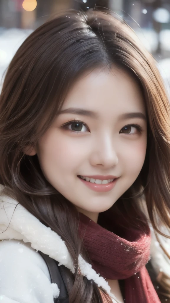 8k,Highest quality,(masterpiece:1.2),(Realistic),(Realistic:1.37),Ultra-high resolution,1 female college student,smile,Wavy Hair,Beautiful Eyes,Beautiful teeth alignment, snow falls in town,(((Winter clothes))),Big Breasts,Perfect body,Perfect Fingers,Professional Lighting,gravure,Detailed face and skin texture,fine grain,RAW Photos
