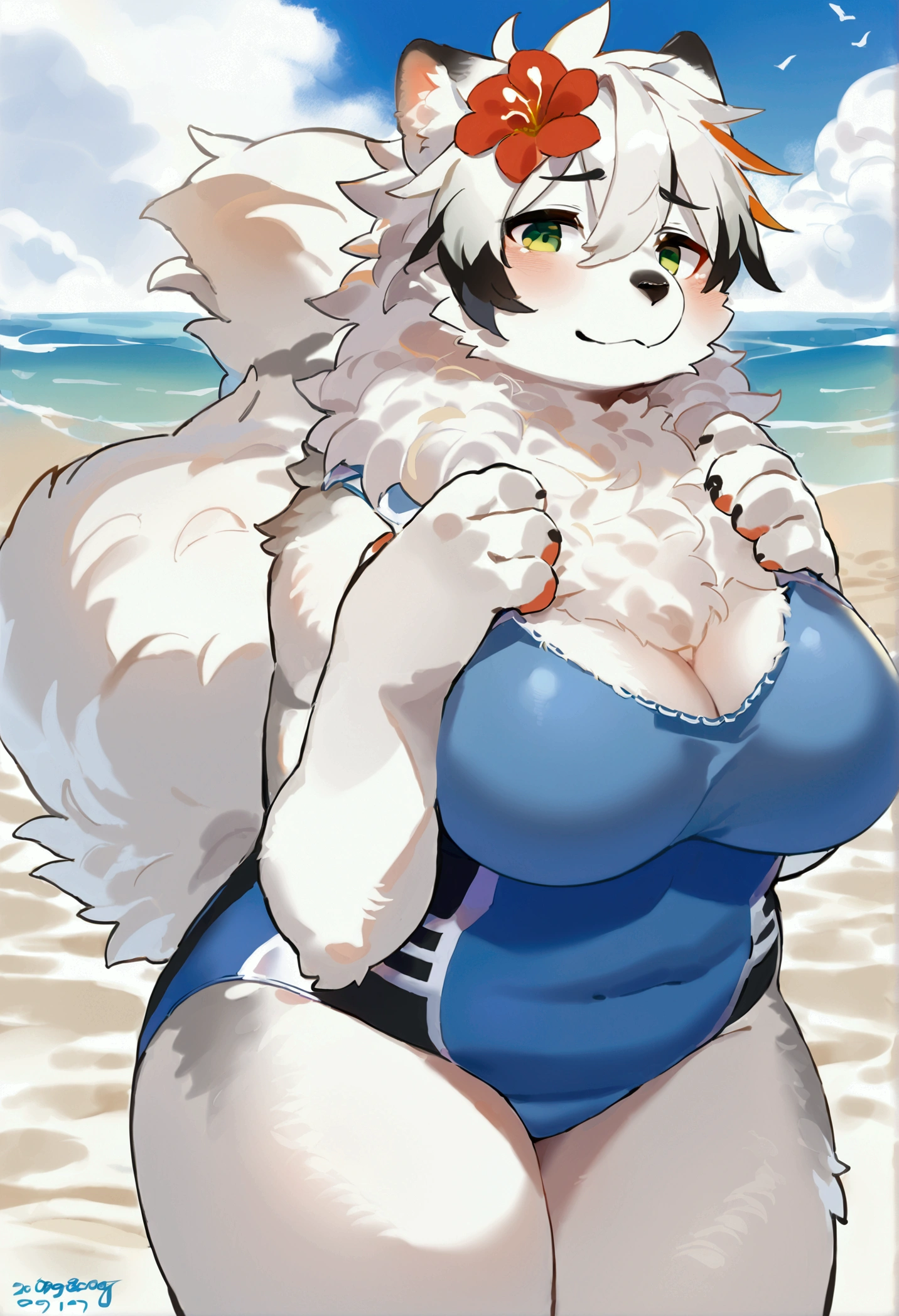 (top quality, best quality, by bogexboog, High-quality illustrations, masterpiece, 16k, 1080p, uploaded on e621)(kemono, furry, anthro, alone), round, 1 female, hot mother figure, very detailed body face and eyes, samoyed, fur, fluff, big breasts, tail, perfect eyes, green eyes, hair, beautiful flower one-piece swimsuit, summer legwear, beautiful day on summer beach, body movement, body twitching, red blushing, shy smile