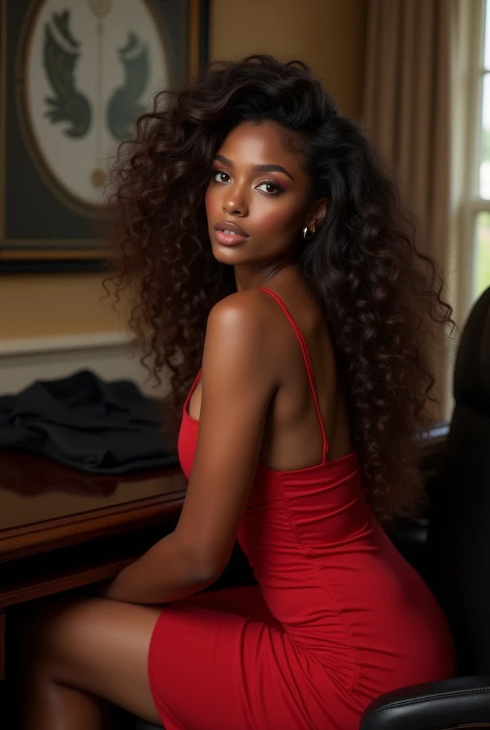 African American girl with long curly hair with red dress on