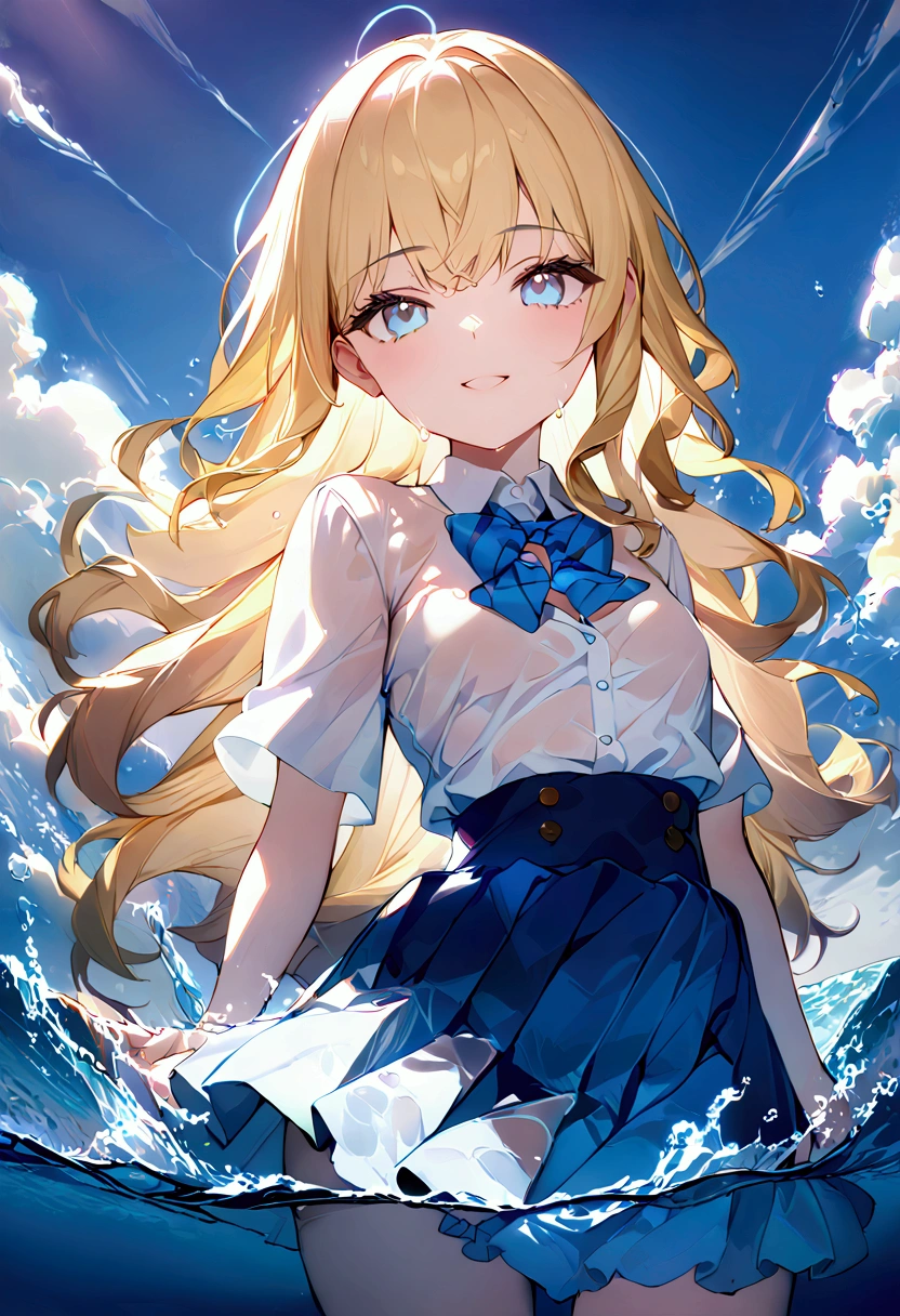 (8k, Highest quality, masterpiece: 1.2), Ultra-high resolution, 1 person, cute, Small breasts, solo, Highly detailed face, School Uniform, White blouse, Waiter Skirt, Calm skirt, Medium, Blonde, Blue Eyes, Ocean, Rough seas, Wavy, Water Play, splash, Childlike, Date, The best smile, soaked, 