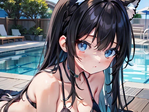 ​masterpiece, top-quality, hight resolution, omatsuri、Black eyes, Lustrous black hair,、Too small navy blue swimsuit、The swimsuit is small and bites into、school poolside、The swimsuit is small and the big breasts seem to stick out、The swimsuit is small and digs into the pubic area、Wet、Navy blue swimsuit for school、Give up your bra、Reduce the size of your swimsuit、Red face、Shy face、Open your crotch、large full breasts、Navy blue swimsuit with high adhesion、View here、