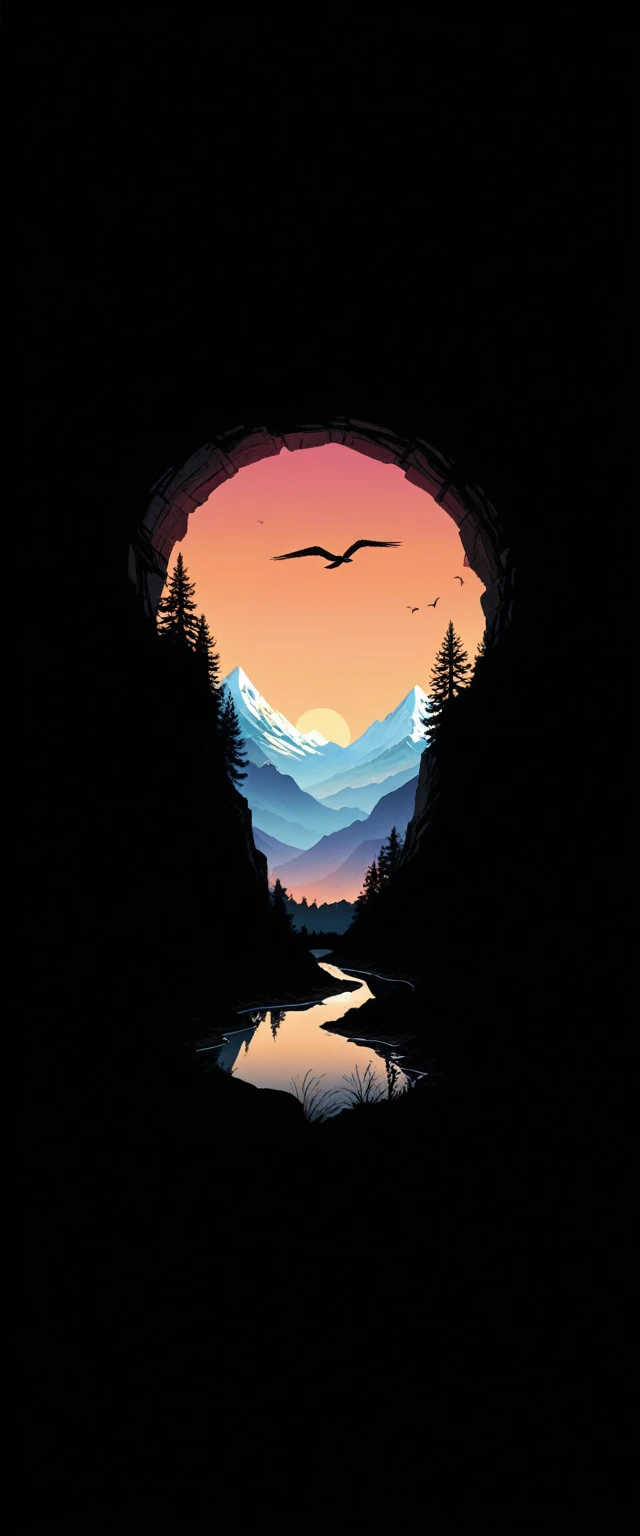 vibrant sunset, layered mountain silhouettes, reflection in the river, Pins, bird in flight, Natural landscapes, dark foreground, gradient sky of colors, quiet atmosphere, Minimalist art style