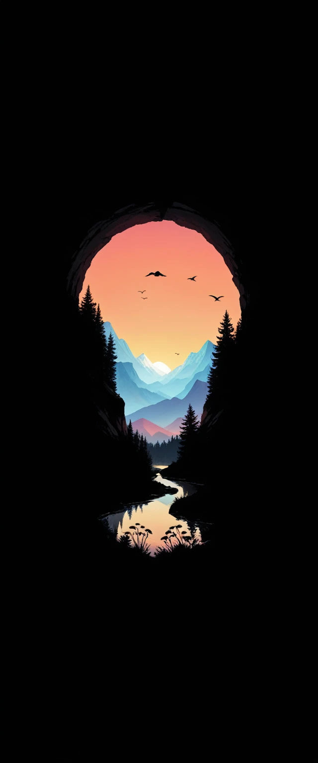 vibrant sunset, layered mountain silhouettes, reflection in the river, Pins, bird in flight, Natural landscapes, dark foreground, gradient sky of colors, quiet atmosphere, Minimalist art style