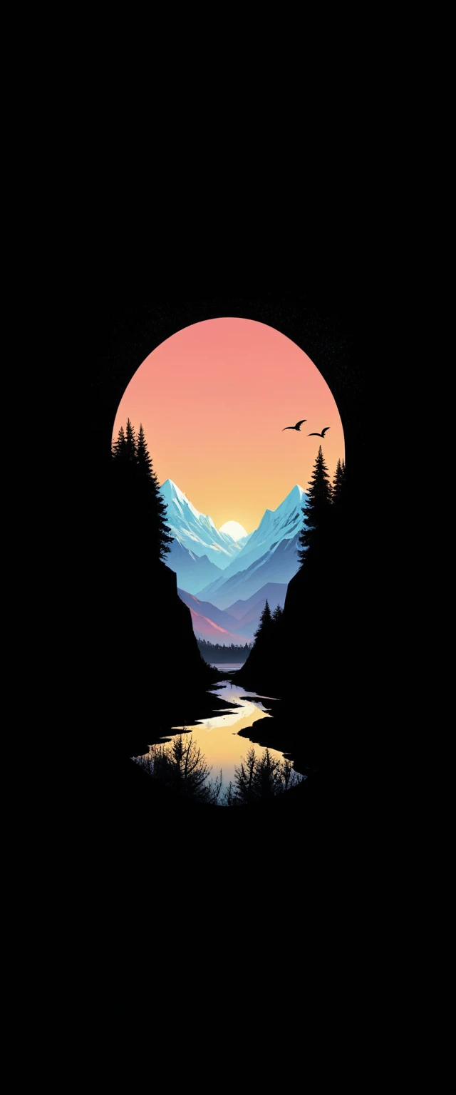 vibrant sunset, layered mountain silhouettes, reflection in the river, Pins, bird in flight, Natural landscapes, dark foreground, gradient sky of colors, quiet atmosphere, Minimalist art style