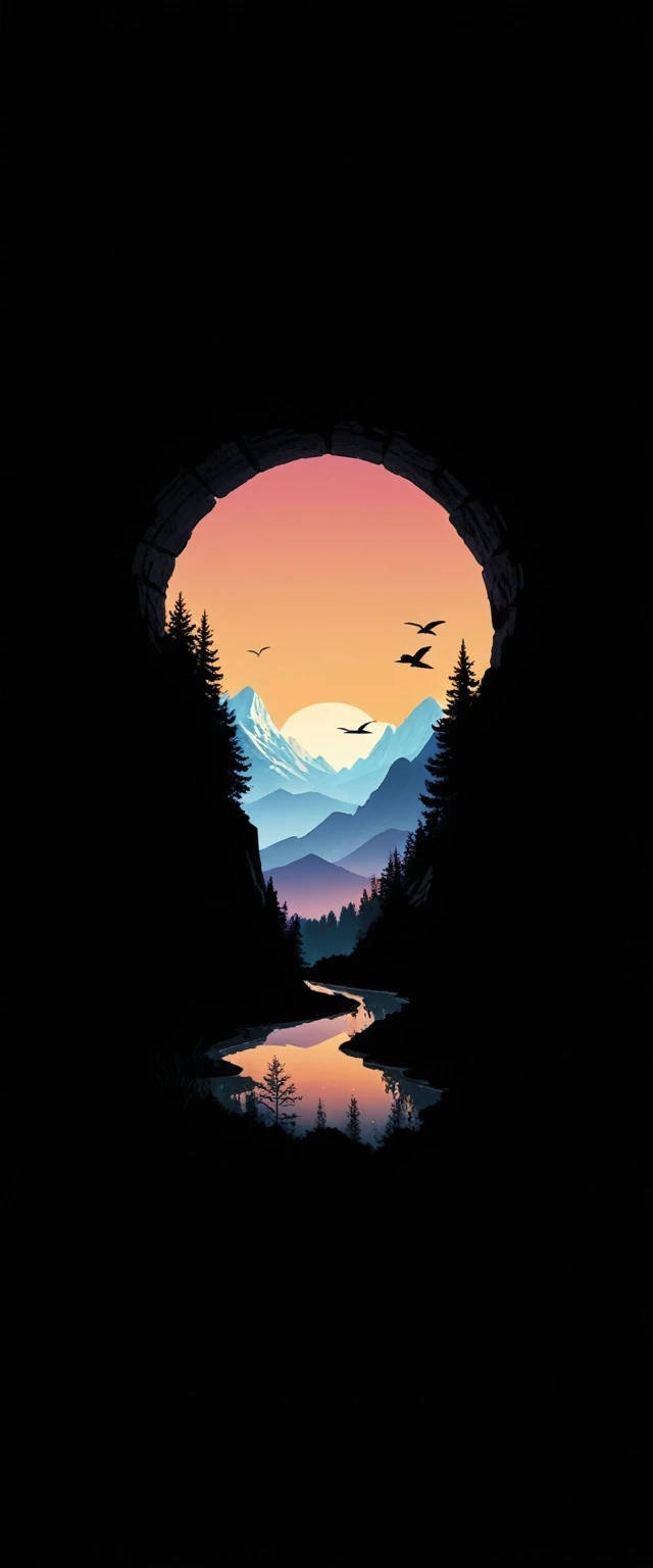 vibrant sunset, layered mountain silhouettes, reflection in the river, Pins, bird in flight, Natural landscapes, dark foreground, gradient sky of colors, quiet atmosphere, Minimalist art style