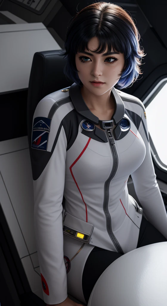 (best quality), (masterpiece),(ultra-detailed:1.2),photorealistic,ultra high res, 1girl, kusuha, pilot suit, futuristic, inside the Space Battleship, 