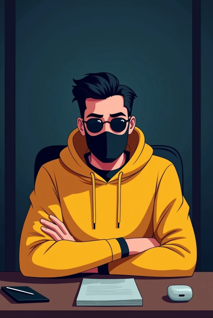 ANIME FRIENDLY LOOKING MALE BUSINESS CHARACTER WHO IS WEARING A BLACK FACE MASK, A YELLOW HOODIE AND SUNGLASSES. HE IS SITTING BEHIND HIS LAPTOP IN HIS OFFICE, ARMS ON HIS DESK. IT IS NIGHT. THE ROOM HAS VOLUMETRIC
LIGHTING. HE IS FRONT FACING TO THE CAMERA, LOOKING STRAICHT AND CENTERED, CENTRAL PORTRAIT, SITTING STRAIGHT, FRONT VIEW, CENTERED
LOOKING STRAIGHT. THE OVERALL AMBIANCE OF THE IMAGE SHOULD CONVEY A CONNECTION TO MINIMALISM, FLAT ILLUSTRATION, BOLD LINE, MINIMALISM, SIMPLIFIED, GOUACHE ILLUSTRATION. 8K RESOLUTION