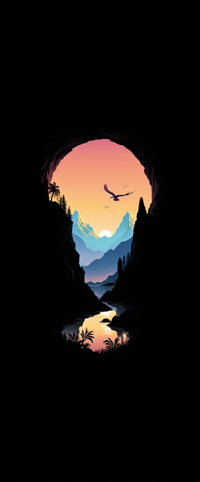 vibrant sunset, layered mountain silhouettes, reflection in the sea, palms, bird in flight, Natural landscapes, dark foreground, gradient sky of colors, quiet atmosphere, Minimalist art style