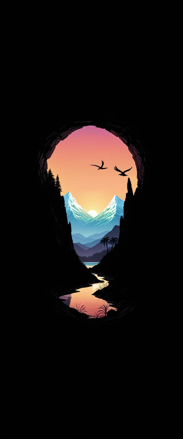 vibrant sunset, layered mountain silhouettes, reflection in the sea, palms, bird in flight, Natural landscapes, dark foreground, gradient sky of colors, quiet atmosphere, Minimalist art style