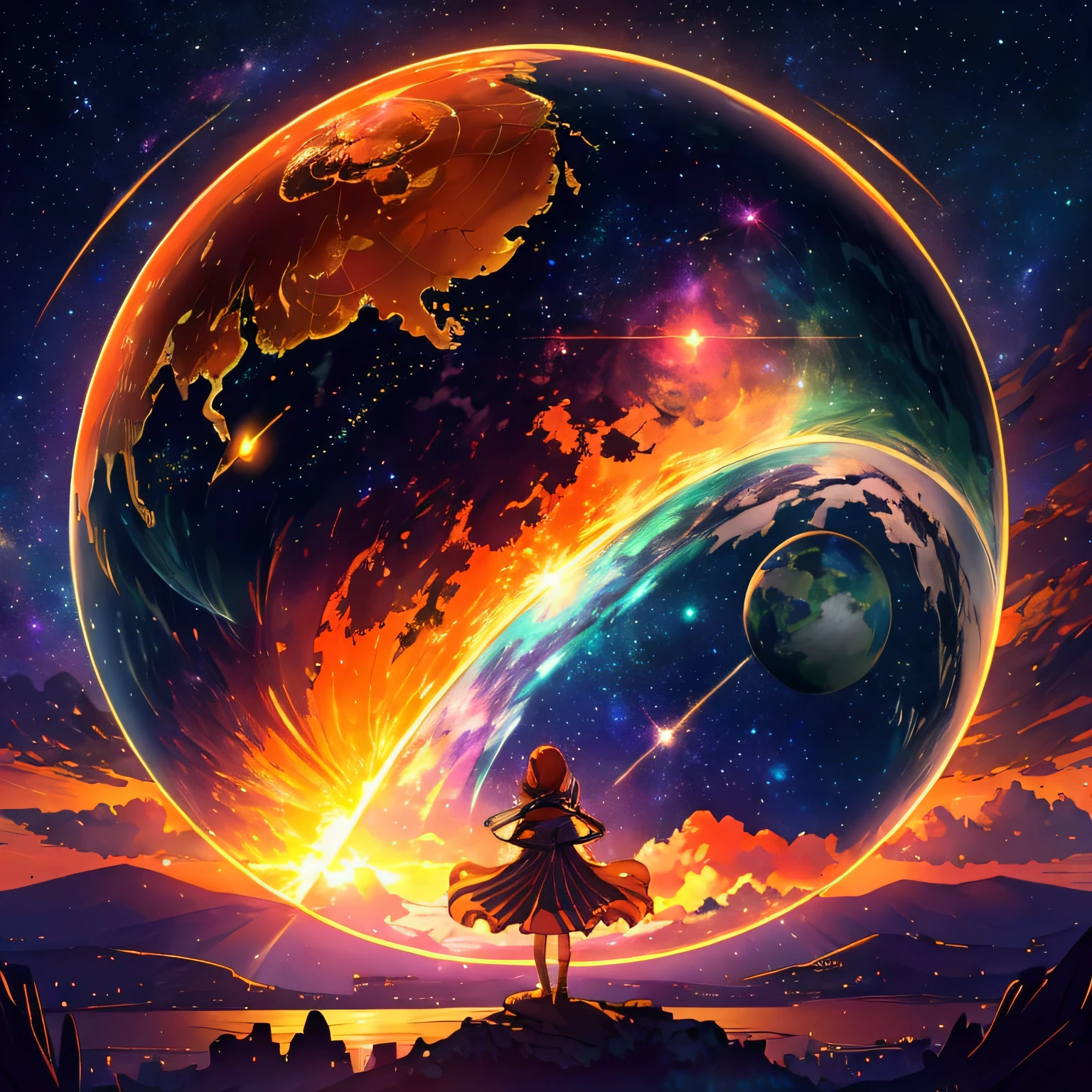 orange sky,colorful,beauttiful stars,wonderful view,utopia,An atmosphere full of dreams and hope,masterpiece.16K, Ultra-high resolution, Ultra-high resolution, to be born,wonderful ,future、iridescent、The world 30 years from now。