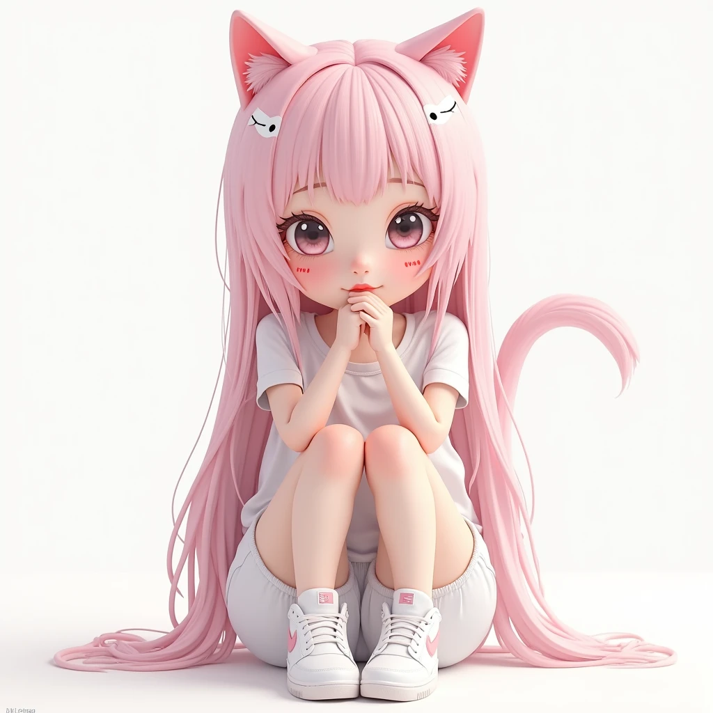 Cute  girl , sitting, picture only dark pink  and white, vulva reveal, colorless skin color, white skin color, girl, dark pink, long straight hair, dark pink hair, hot, vulva reveal, full character, hot, cute eyes, big eyes, big black pupils, cute big pupils, vulva reveal,  came out vulva dripping, non clothed, hot thides, non clothed, chibi face