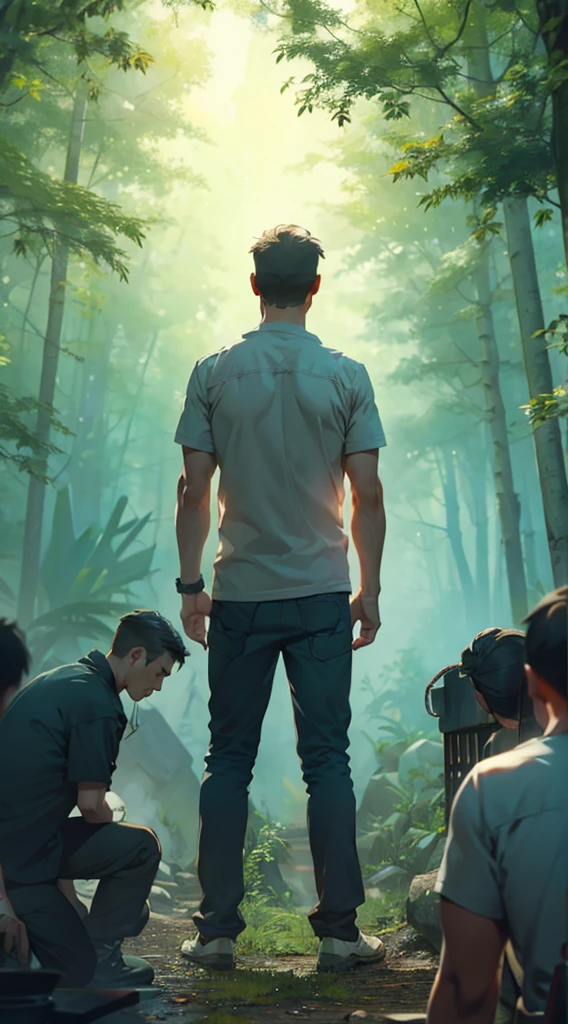 war，战fire，Gunsmoke，red，fire，fire焰，A man&#39;s back stands among the crowd，（The four people bowed their heads and knelt on one knee to salute him.：1.5），The background is in the forest，Wearing modern clothes, And soft colors in a circle in the forest. Create a surreal fantasy atmosphere.，momentum，Hot Blood，Marching through the burning forest。.