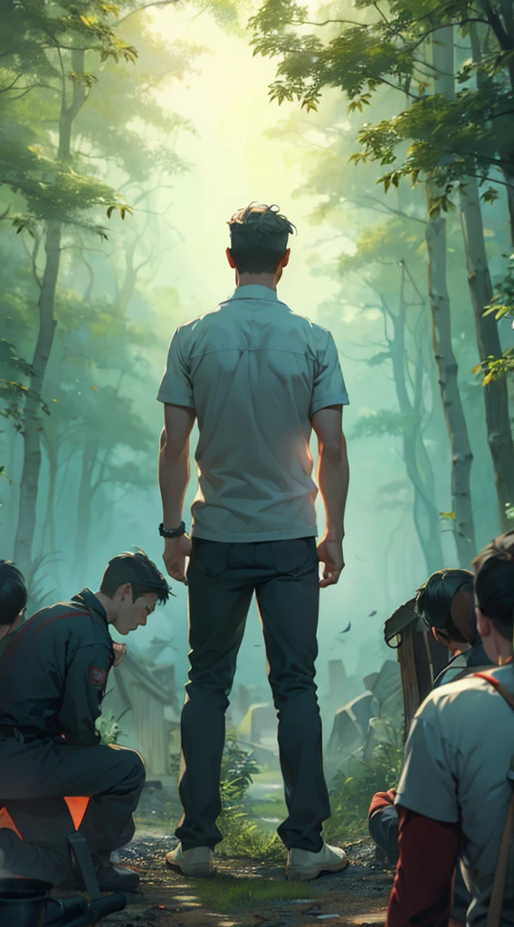 war，战fire，Gunsmoke，red，fire，fire焰，A man&#39;s back stands among the crowd，（The four people bowed their heads and knelt on one knee to salute him.：1.5），The background is in the forest，Wearing modern clothes, And soft colors in a circle in the forest. Create a surreal fantasy atmosphere.，momentum，Hot Blood，Marching through the burning forest。.