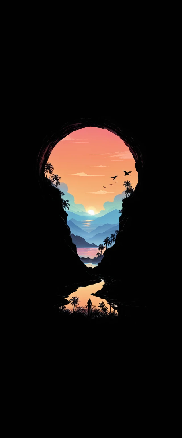 vibrant sunset, layered island silhouettes, reflection in the sea, palms, bird in flight, Natural landscapes, dark foreground, gradient sky of colors, quiet atmosphere, Minimalist art style