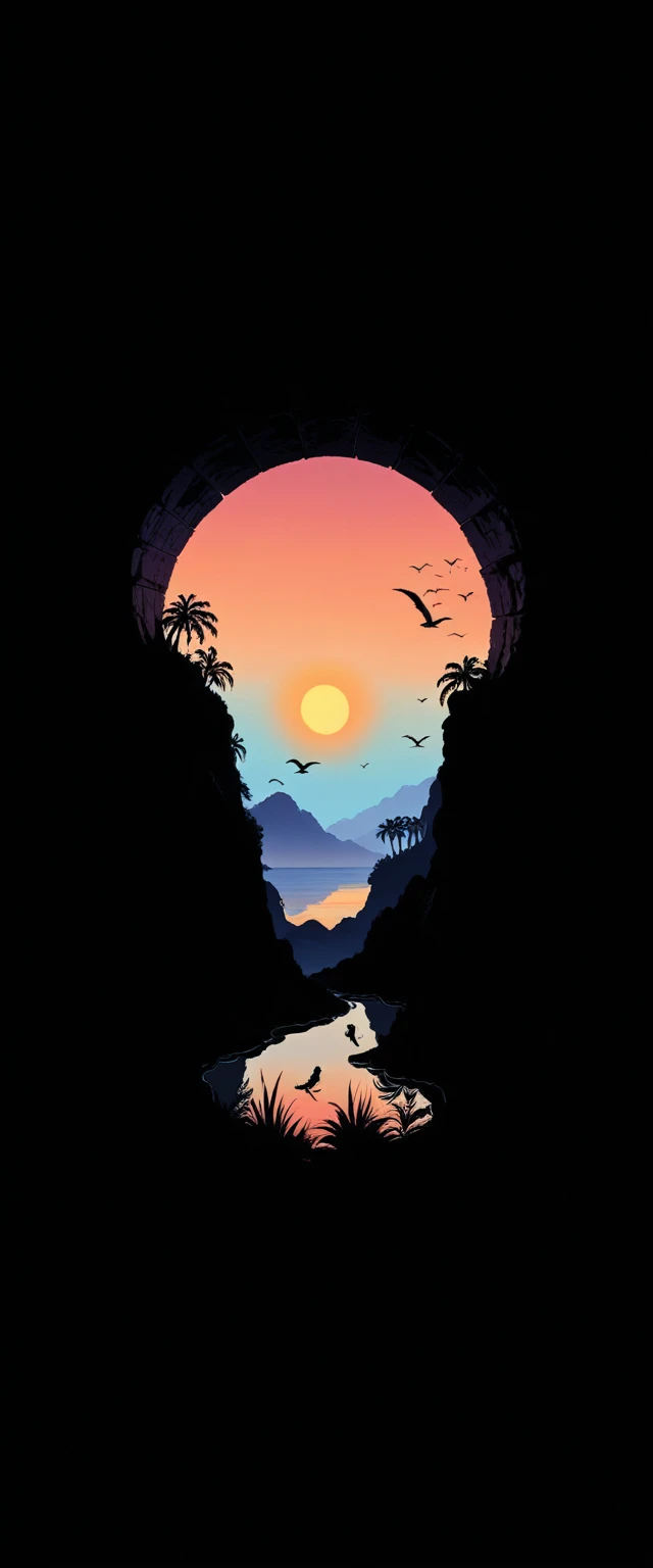 vibrant sunset, layered island silhouettes, reflection in the sea, palms, bird in flight, Natural landscapes, dark foreground, gradient sky of colors, quiet atmosphere, Minimalist art style