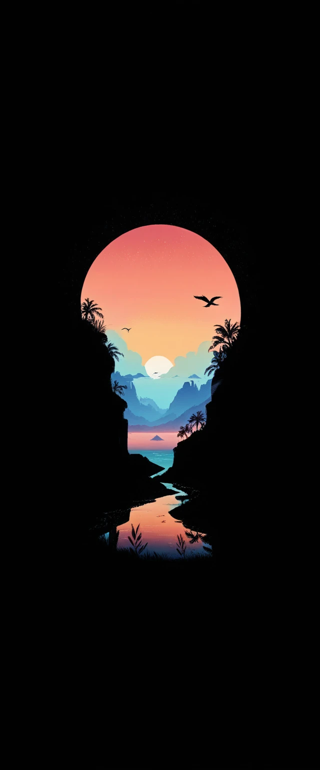 vibrant sunset, layered island silhouettes, reflection in the sea, palms, bird in flight, Natural landscapes, dark foreground, gradient sky of colors, quiet atmosphere, Minimalist art style