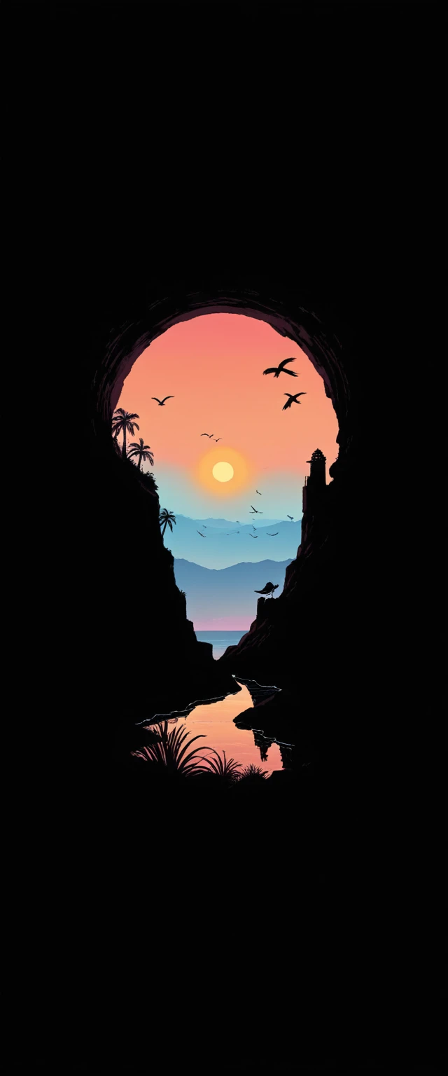 vibrant sunset, layered island silhouettes, reflection in the sea, palms, bird in flight, Natural landscapes, dark foreground, gradient sky of colors, quiet atmosphere, Minimalist art style