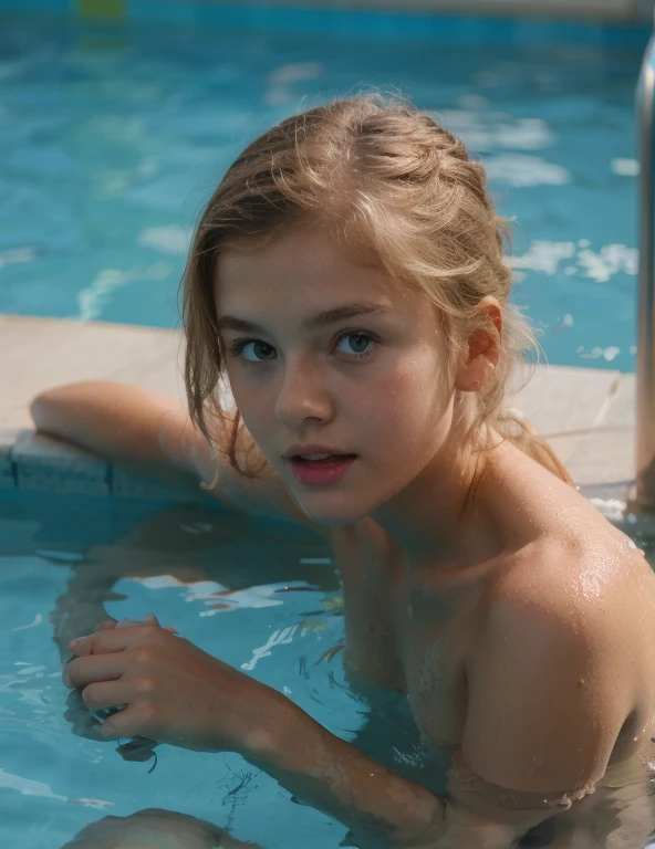 Little blonde girl , naked, in a pool , Details, HD, realist, Details en la cara, cute face, Whole body.