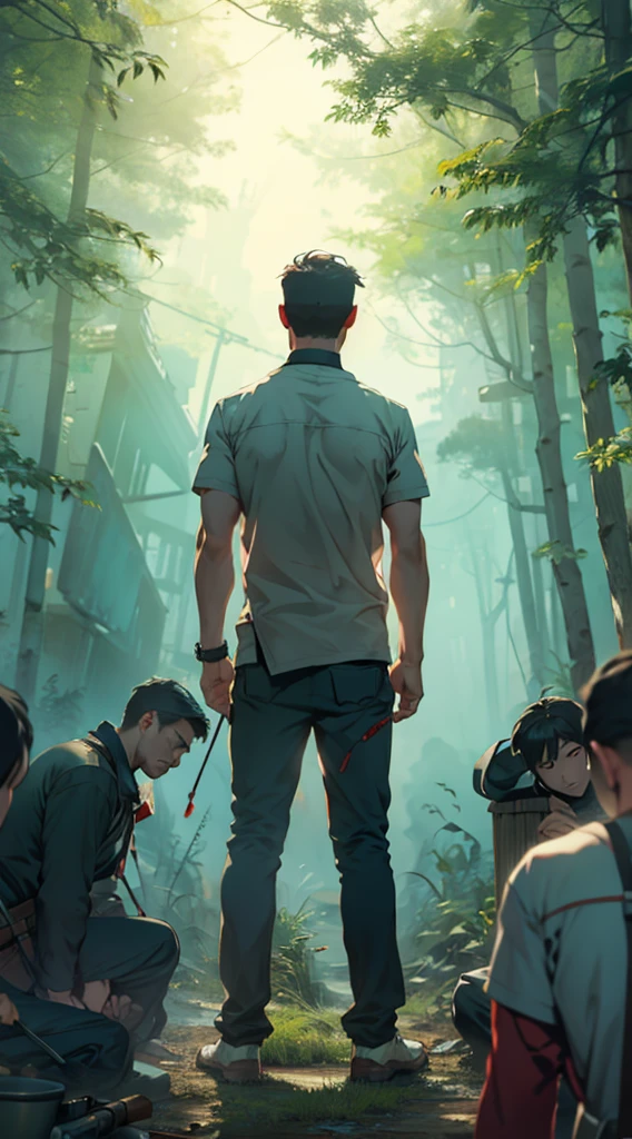 war，战fire，Gunsmoke，red，fire，fire焰，A man&#39;s back stands among the crowd，（The four people bowed their heads and knelt on one knee to salute him.：1.5），The background is in the forest，Wearing modern clothes, And soft colors in a circle in the forest. Create a surreal fantasy atmosphere.，momentum，Hot Blood，Marching through the burning forest。.