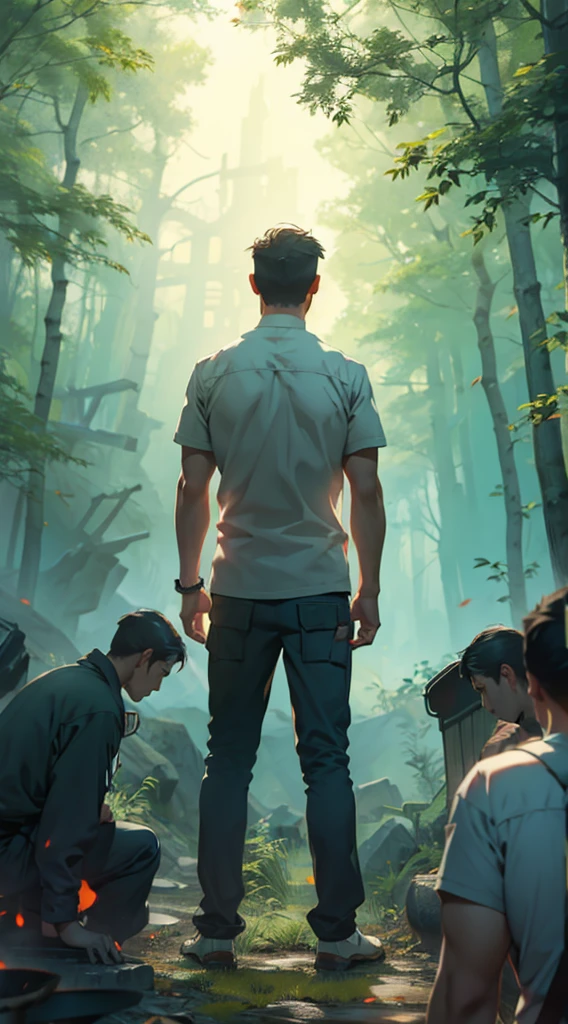 war，战fire，Gunsmoke，red，fire，fire焰，A man&#39;s back stands among the crowd，（The four people bowed their heads and knelt on one knee to salute him.：1.5），The background is in the forest，Wearing modern clothes, And soft colors in a circle in the forest. Create a surreal fantasy atmosphere.，momentum，Hot Blood，Marching through the burning forest。.