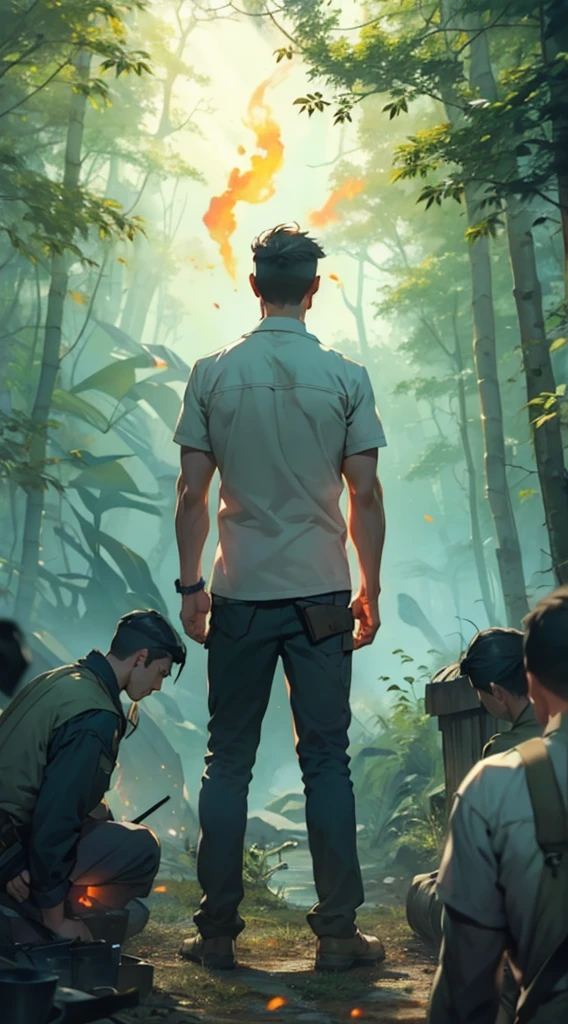 war，战fire，Gunsmoke，red，fire，fire焰，A man&#39;s back stands among the crowd，（The four people bowed their heads and knelt on one knee to salute him.：1.5），The background is in the forest，Wearing modern clothes, And soft colors in a circle in the forest. Create a surreal fantasy atmosphere.，momentum，Hot Blood，Marching through the burning forest。.