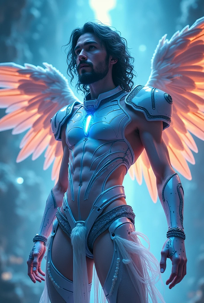 ultra high res, best quality, photo, 4k, (photorealistic:1.4), cinematic lighting, a young male angel with large translucent wings,muscular man, abdominal muscle, wearing nothing, completely naked,Realistic, fully naked, nude, perfect male , correct male scrotum, perfect scrotum, male structure, correct male genitelia, huge male genitelia, detailed feathers, cyberpunk environment, snow and environment in the background, cathedral of , portal of the future, volumetric light, HD, magic, god light, backlighting, detailed face, contrapposto,
