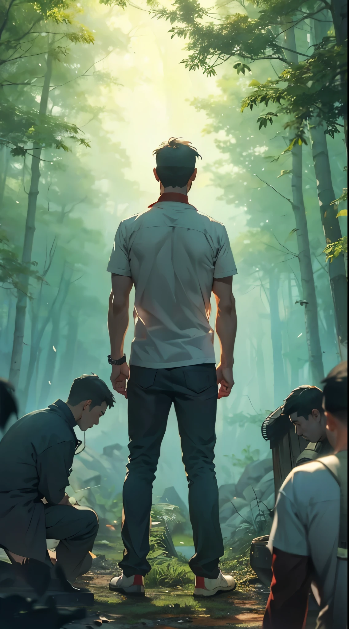 war，战fire，Gunsmoke，red，fire，fire焰，A man&#39;s back stands among the crowd，（The four people bowed their heads and knelt on one knee to salute him.：1.5），The background is in the forest，Wearing modern clothes, And soft colors in a circle in the forest. Create a surreal fantasy atmosphere.，momentum，Hot Blood，Marching through the burning forest。.