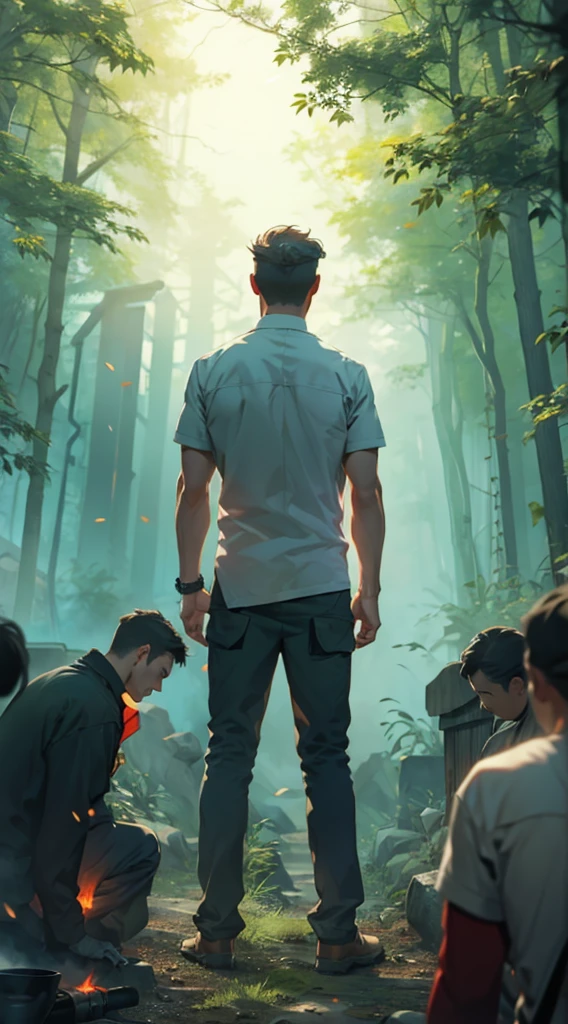 war，战fire，Gunsmoke，red，fire，fire焰，A man&#39;s back stands among the crowd，（The four people bowed their heads and knelt on one knee to salute him.：1.5），The background is in the forest，Wearing modern clothes, And soft colors in a circle in the forest. Create a surreal fantasy atmosphere.，momentum，Hot Blood，Marching through the burning forest。.