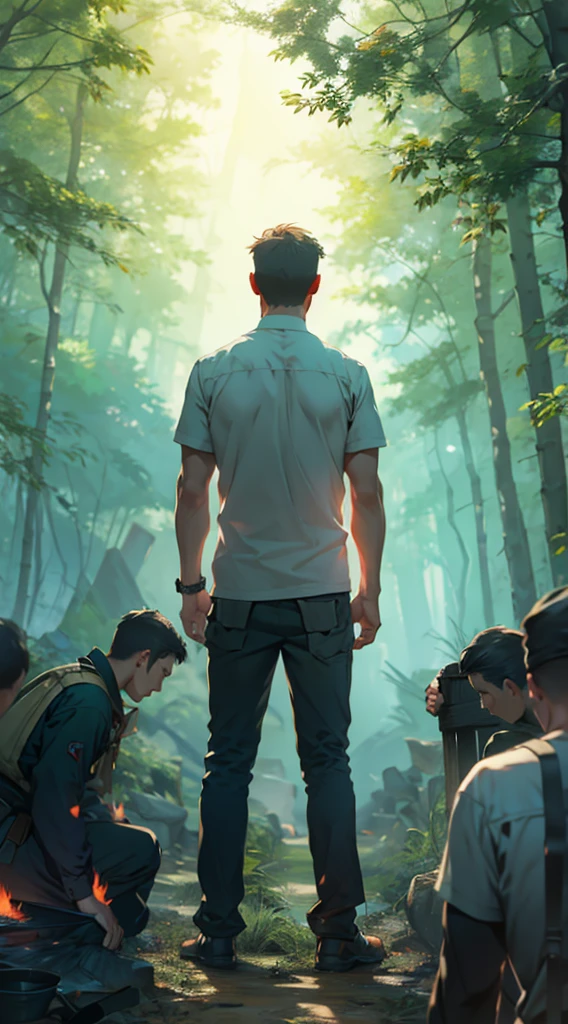 war，战fire，Gunsmoke，red，fire，fire焰，A man&#39;s back stands among the crowd，（The four people bowed their heads and knelt on one knee to salute him.：1.5），The background is in the forest，Wearing modern clothes, And soft colors in a circle in the forest. Create a surreal fantasy atmosphere.，momentum，Hot Blood，Marching through the burning forest。.