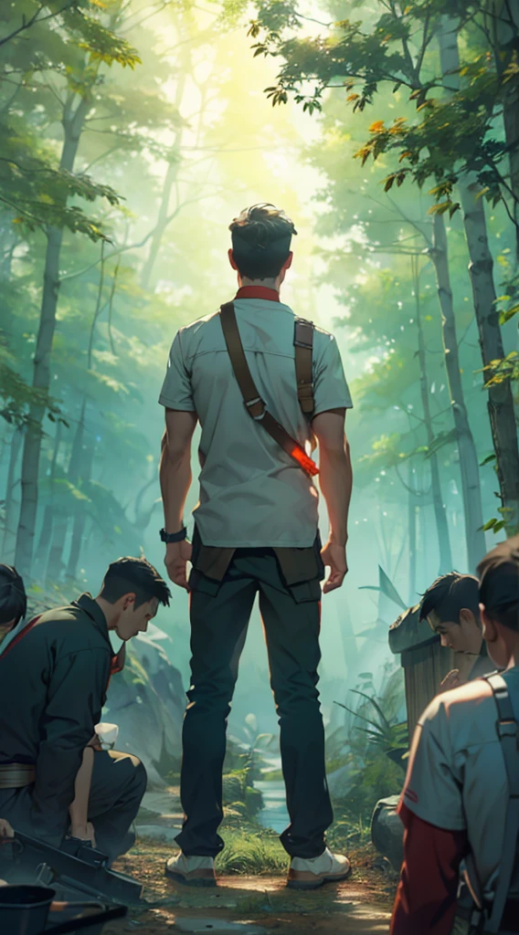 war，战fire，Gunsmoke，red，fire，fire焰，A man&#39;s back stands among the crowd，（The four people bowed their heads and knelt on one knee to salute him.：1.5），The background is in the forest，Wearing modern clothes, And soft colors in a circle in the forest. Create a surreal fantasy atmosphere.，momentum，Hot Blood，Marching through the burning forest。.