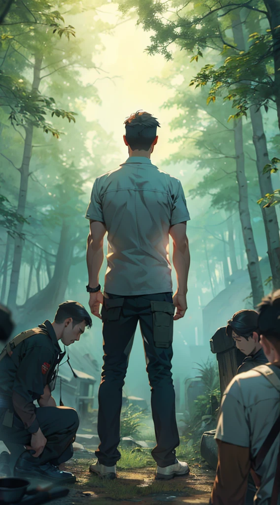 war，战fire，Gunsmoke，red，fire，fire焰，A man&#39;s back stands among the crowd，（The four people bowed their heads and knelt on one knee to salute him.：1.5），The background is in the forest，Wearing modern clothes, And soft colors in a circle in the forest. Create a surreal fantasy atmosphere.，momentum，Hot Blood，Marching through the burning forest。.