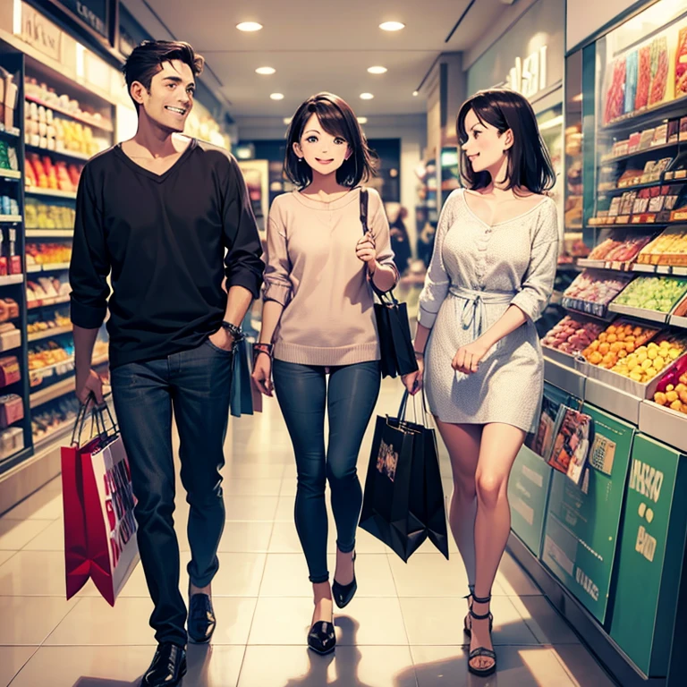 Mom, dad and , drawing of only three people, great shopping, everyone is happy, everyone is smiling