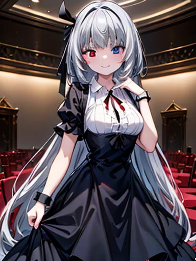 super high quality、indoor、(masterpiece)、Valentine、Are standing、Mouth closed、smile、Luminous Valentine、Silver Hair、Waist-length hair, (blue eyes:1.2), Heterochromia iridis, (Red eyes:1.3),Black Dress、Black Ribbon、grassland、Black Dress、Place your hand on your chest,Large Breasts